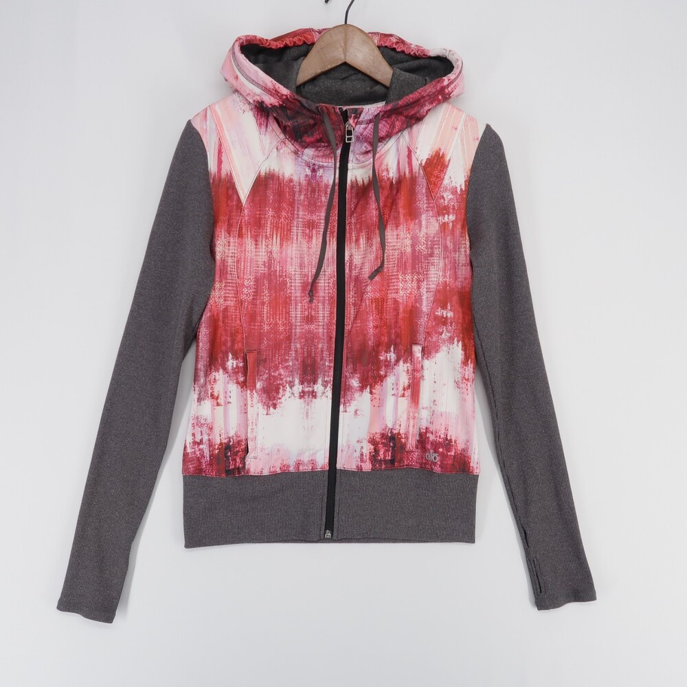 Alo Yoga Hoodie Womens M Pink Abstract Full Zip Thumb Holes Heather Gray